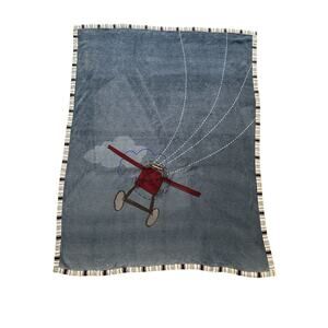 Blue Red Cloud Airplane Plane Flying Stripe Trim Kids Blanket Retired *READ*